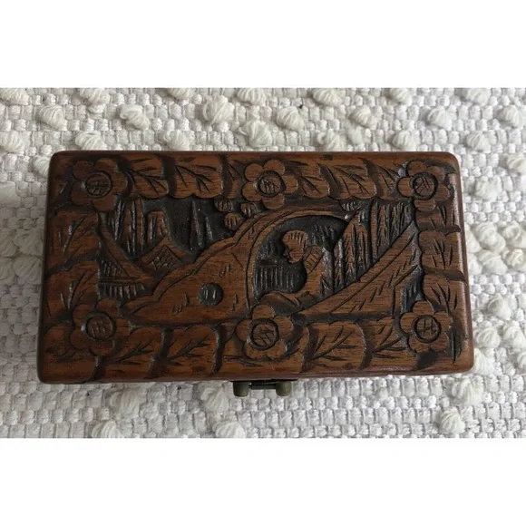 Antique Asian Scenes Hand Carved Ornamental Wood Box/Brass